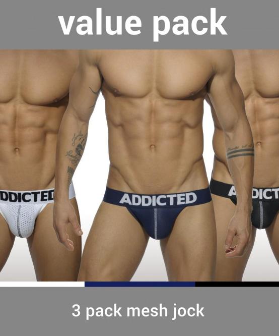 ADDICTED 3 PACK MESH PUSH-UP JOCK STRAPS (BLACK, WHITE, BLUE) - The Jock Shop