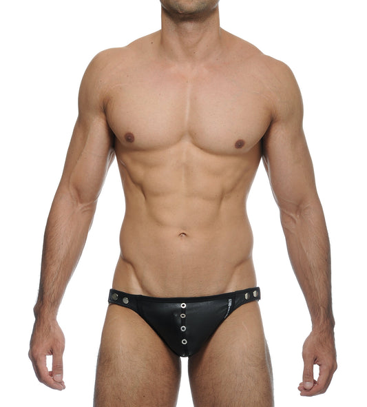 Stud Convoy Pvc Peekaboo Leather Brief (Black)